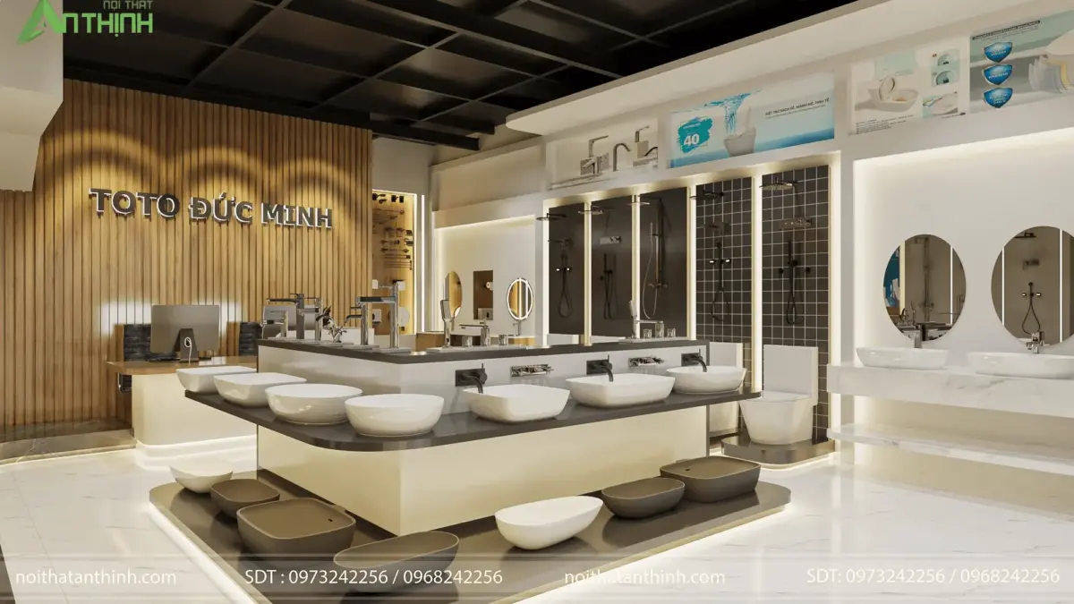 Đảo trưng bày lavabo đặt bàn – nhiều mẫu chậu sứ và đá, buồng sen kính, gương oval, logo gỗ óc chó, quầy lễ tân phía sau