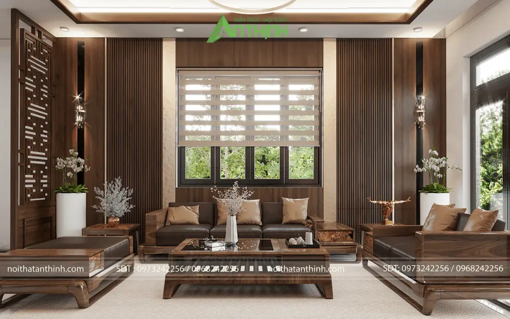 Cận cảnh bộ sofa gỗ óc chó nguyên khối cao cấp, vách gỗ lát dọc có đèn LED viền ẩn tạo chiều sâu, đèn tường đồng cổ điển đối xứng