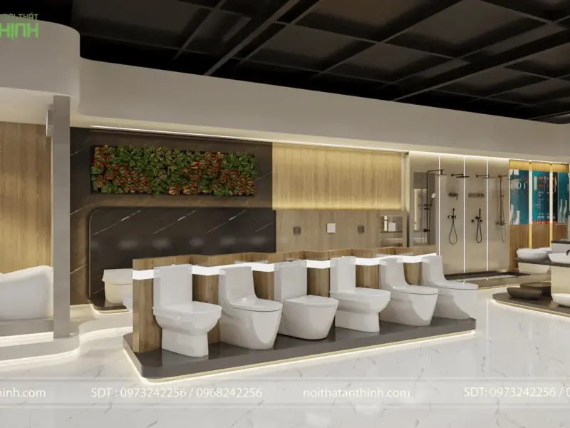 Khu trưng bày bồn cầu – các mẫu bồn cầu một khối xếp hàng trên bục gỗ LED, bức tranh cây xanh tươi mát, buồng tắm đứng và lavabo phía sau