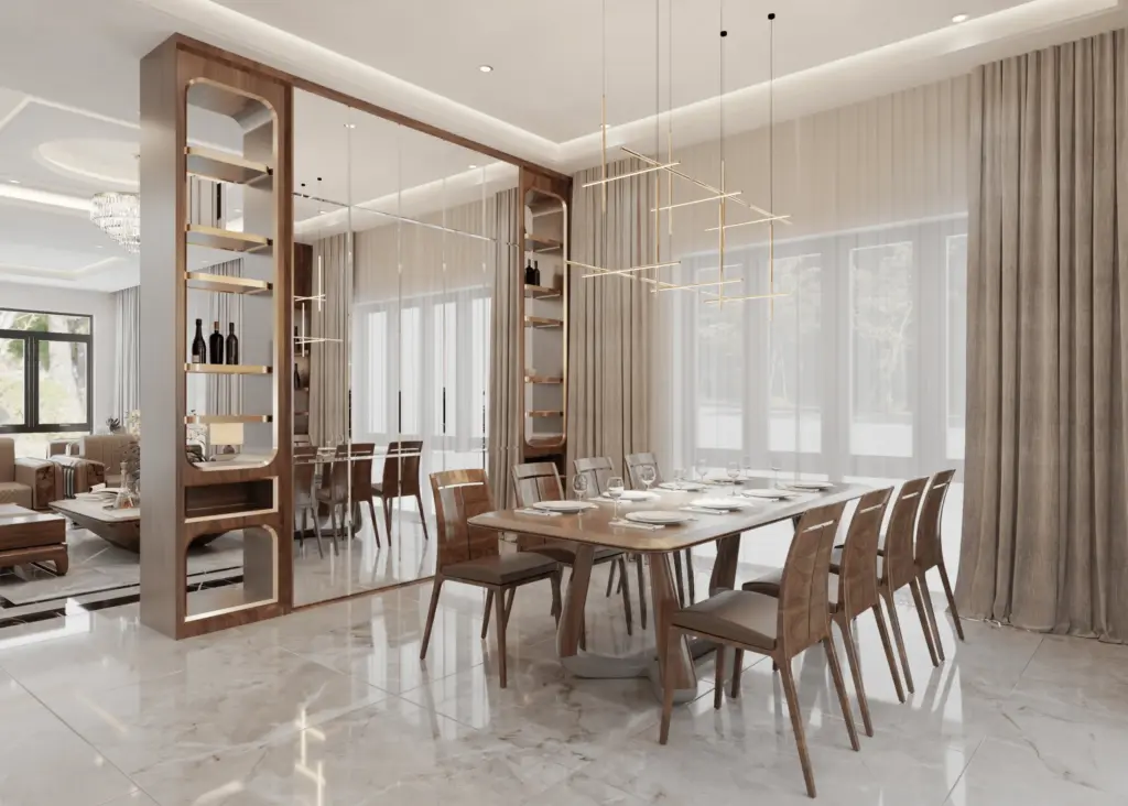 Phòng ăn 8 chỗ trang trọng – bàn gỗ óc chó lớn, ghế tựa cong tinh tế, đèn thả thanh vàng đồng, vách kính tủ rượu phân cách với phòng khách
