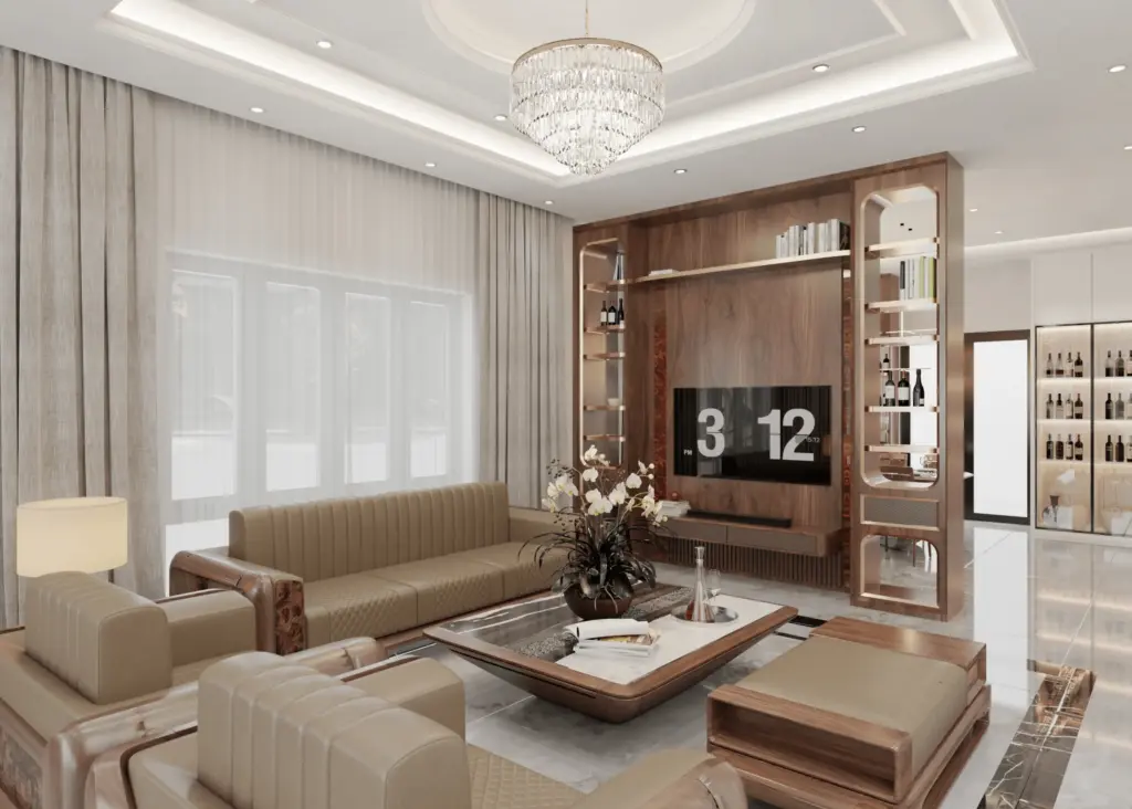 Phòng khách biệt thự góc nhìn ấm – bộ sofa gỗ óc chó bọc da kem sang trọng, bàn trà mặt đá đen, đèn chùm pha lê trung tâm, rèm voan tầng cao