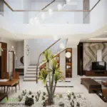 Tiểu cảnh thông tầng toàn cảnh – cầu thang kính lan can trong suốt, đèn pha lê buông dài xuyên tầng, ke tivi đá onyx, ánh sáng tự nhiên từ vách kính trên cao