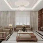 Toàn cảnh phòng khách từ góc rộng nhất – bộ sofa gỗ óc chó 3+1+1 đầy đủ, sàn marble đen trắng viền sang trọng, trần thạch cao giật cấp