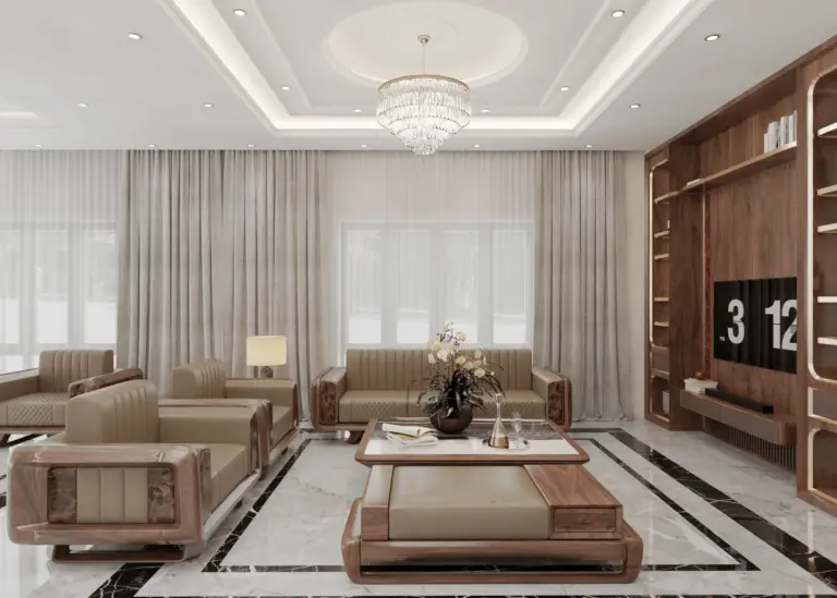 Toàn cảnh phòng khách từ góc rộng nhất – bộ sofa gỗ óc chó 3+1+1 đầy đủ, sàn marble đen trắng viền sang trọng, trần thạch cao giật cấp