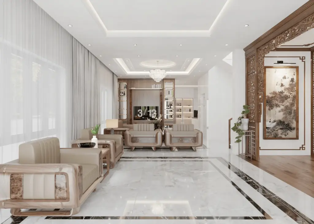 Toàn cảnh phòng khách và lối vào – sàn marble trắng viền đen, bộ sofa gỗ óc chó dài, vách ngăn gỗ chạm khắc kết hợp tranh thủy mặc Á Đông
