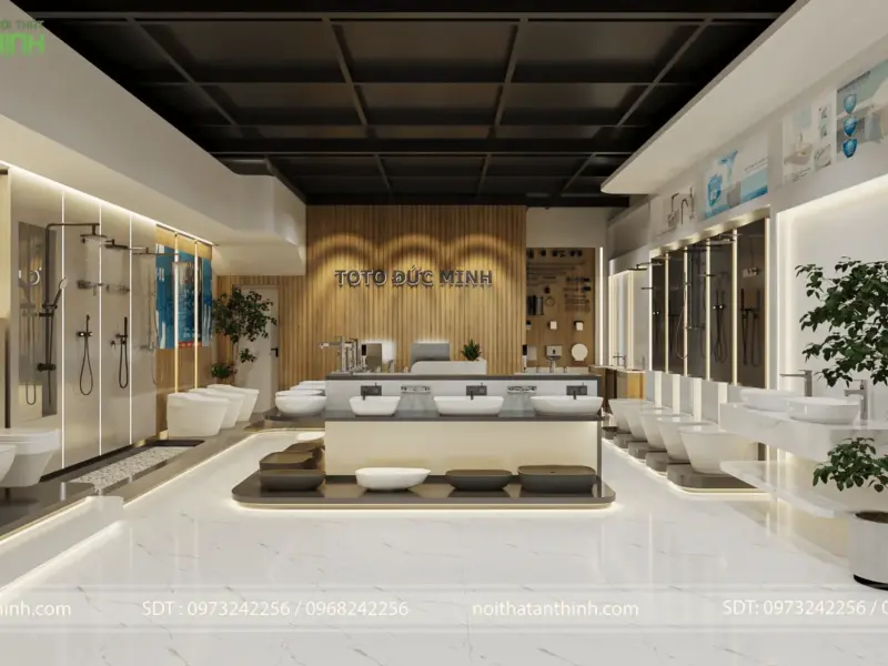 Toàn cảnh showroom góc rộng – đảo trưng bày lavabo trung tâm với nhiều mẫu chậu, logo TOTO Đức Minh trên vách gỗ óc chó, buồng sen hai bên