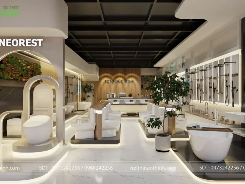 Toàn c?nh showroom t? khu Neorest cao c?p  t??ng cây xanh sinh thái, b?n c?u thông minh tr?ng bày trên b?c LED, b?n t?m, dãy sen vòi và lavabo ch?y d?c hai bên
