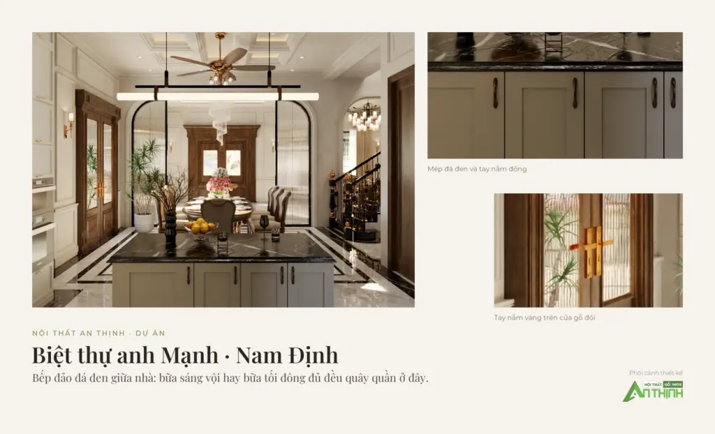 Phối cảnh 3D ghép – bếp đảo đá đen biệt thự anh Mạnh, cận mép đá và tay nắm đồng, tay nắm vàng trên cửa gỗ đôi