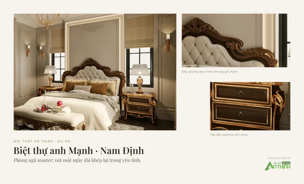 Phối cảnh 3D ghép – phòng ngủ master biệt thự anh Mạnh, cận đầu giường bọc nệm khung gỗ chạm và táp đầu giường viền vàng