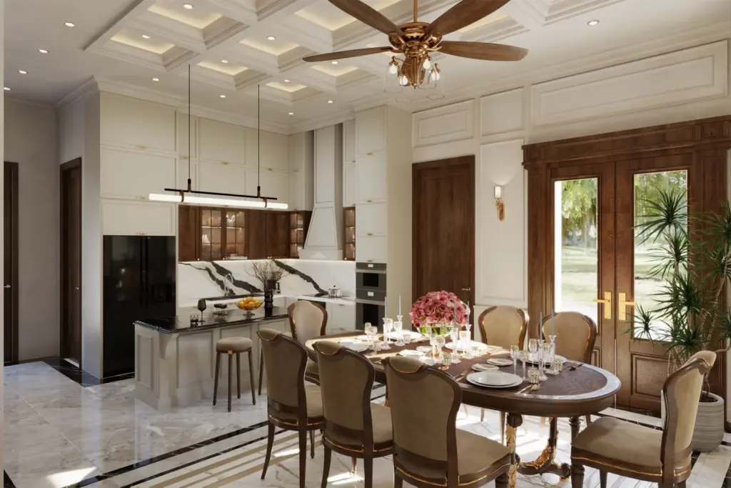 Phối cảnh 3D – phòng ăn liền bếp, ghế bọc nệm lưng cao