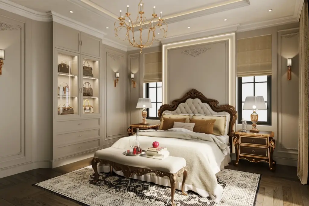 Phối cảnh 3D – phòng ngủ master, giường đầu bọc nệm khung gỗ chạm, tủ kính hai bên
