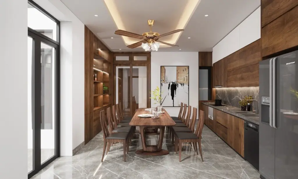 Phối cảnh 3D – bếp chữ I và bàn ăn 10 ghế nhà anh Thắng, Đông Anh