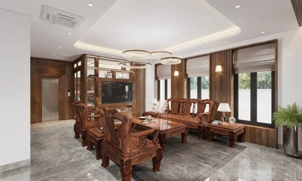 Phối cảnh 3D – phòng khách vách lam gỗ nhà anh Thắng, Dục Tú, Đông Anh