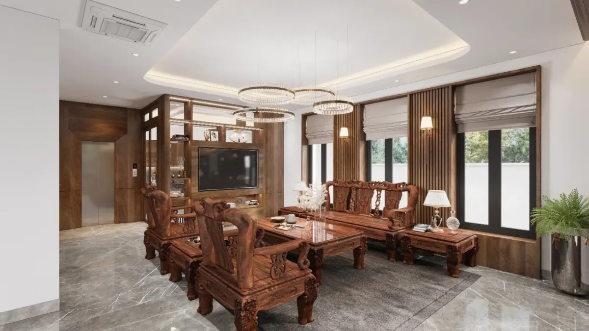 Phối cảnh 3D – phòng khách vách lam gỗ nhà anh Thắng, Dục Tú, Đông Anh