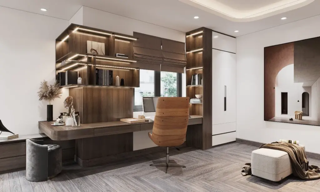 Phối cảnh 3D – phòng ngủ có bàn làm việc và kệ LED nhà anh Thắng, Đông Anh