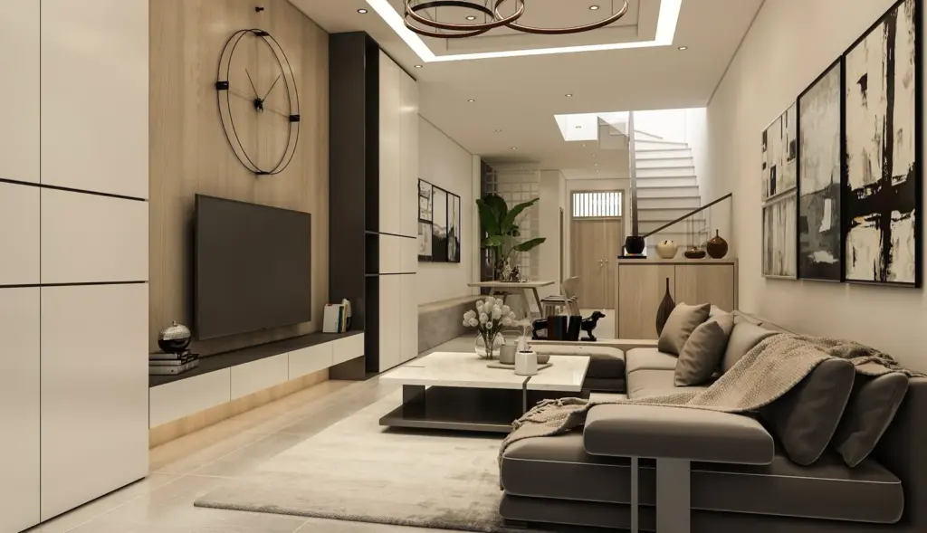 Phối cảnh 3D – phòng khách nhà phố, kệ tivi và tủ trang trí kịch trần