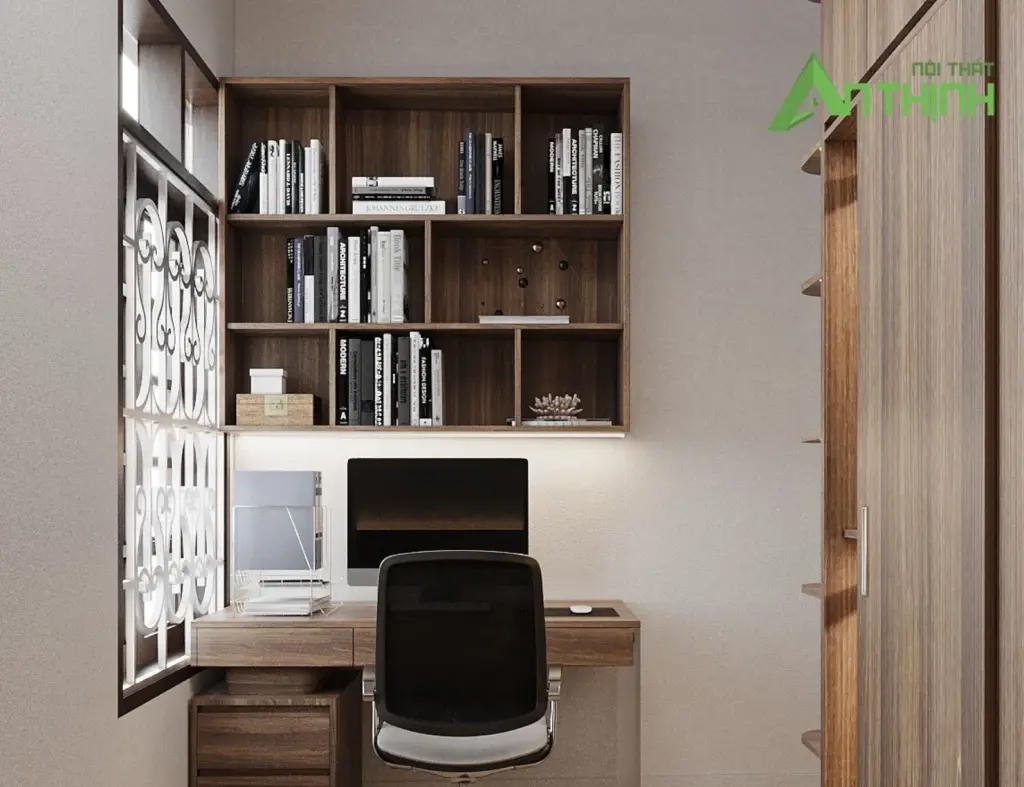 Phối cảnh 3D – Góc làm việc gỗ kèm kệ sách treo