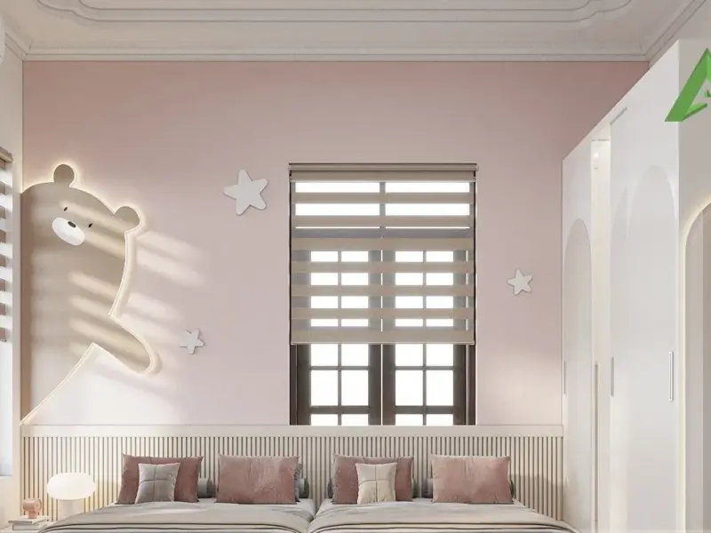 Thiết kế nội thất nhà em Thái – Tiên Dược, Sóc Sơn: phòng bé gái hồng pastel và góc học đôi