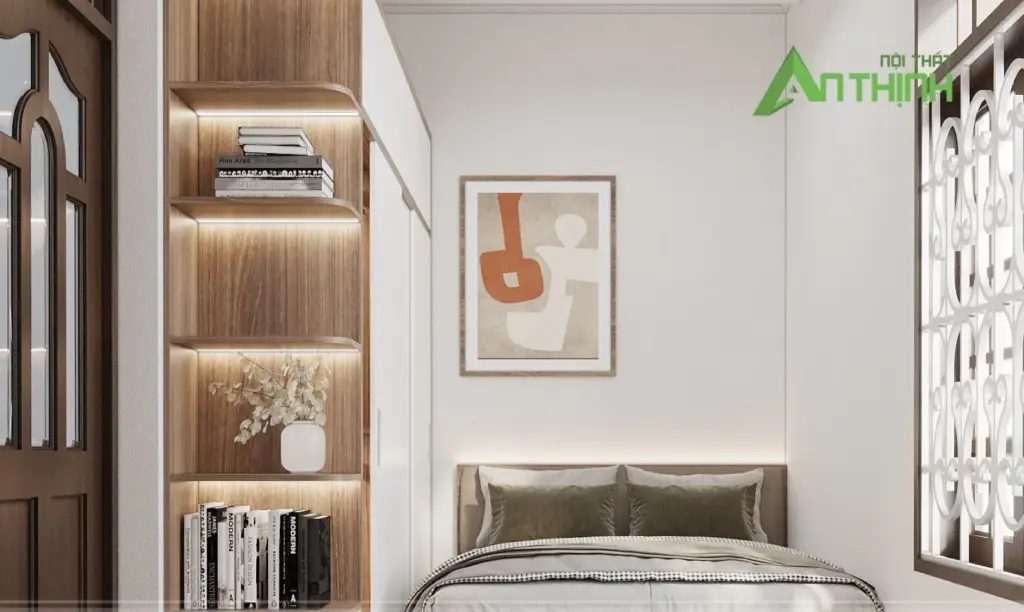 Phối cảnh 3D – Phòng ngủ giường gỗ, kệ bo cong có đèn