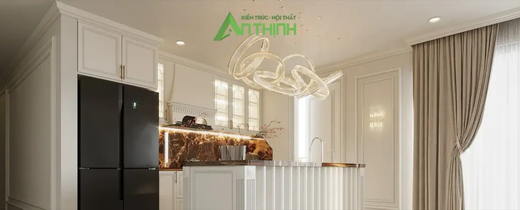 Phối cảnh 3D – tủ bếp tân cổ điển màu kem, đảo bếp ốp lam sọc