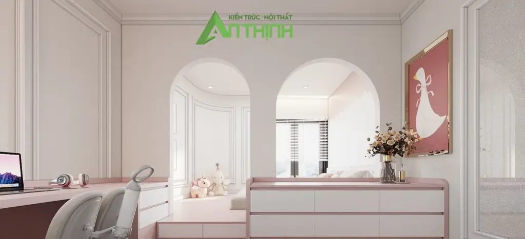 Phối cảnh 3D – bục ngủ vòm cong có ngăn kéo, bàn học phòng bé gái