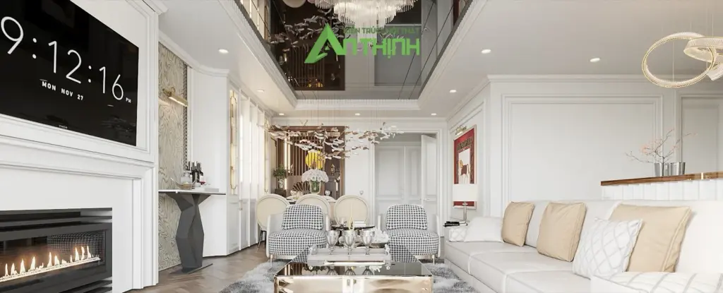 Phối cảnh 3D – phòng khách tân cổ điển trắng kem, vách tivi lò sưởi, trần gương