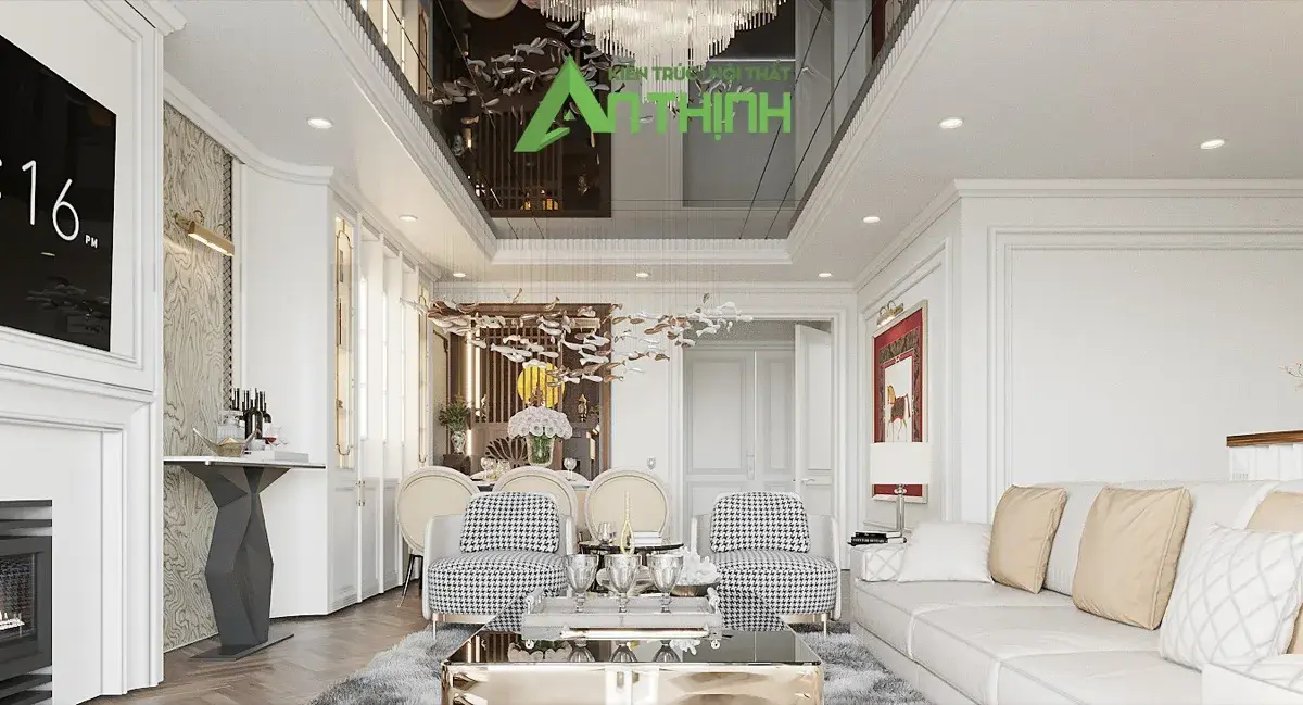 Phối cảnh 3D – phòng khách tân cổ điển trắng kem, vách tivi lò sưởi, trần gương