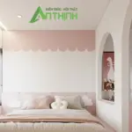 Phối cảnh 3D – phòng ngủ bé gái tông hồng trắng, đầu giường viền vỏ sò