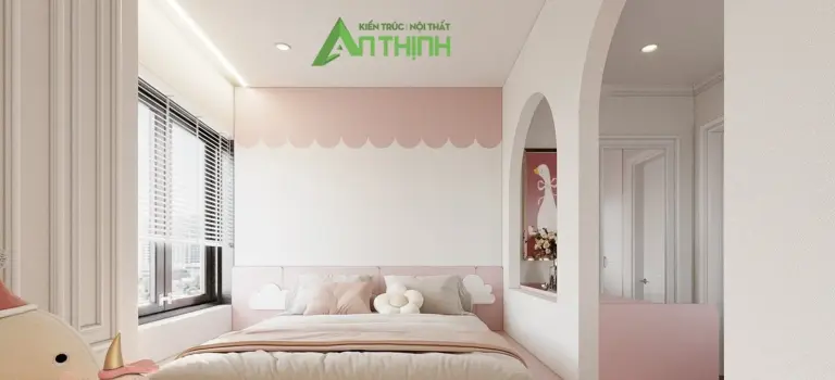 Phối cảnh 3D – phòng ngủ bé gái tông hồng trắng, đầu giường viền vỏ sò