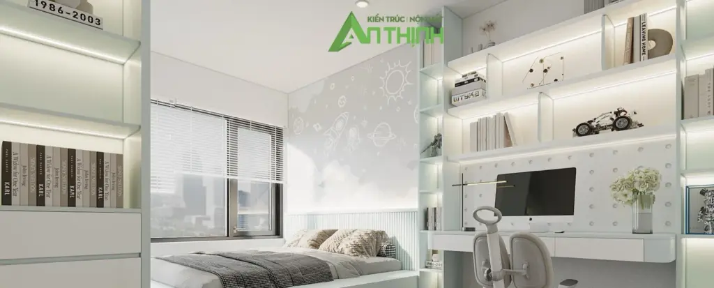 Phối cảnh 3D – phòng ngủ trắng xám, giường bệt, bàn học liền kệ sách có đèn
