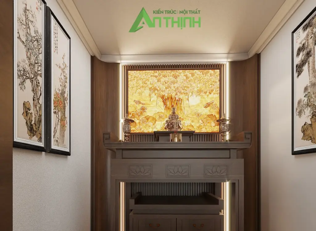Phối cảnh 3D – phòng thờ gỗ tông nâu trầm trong căn hộ chung cư