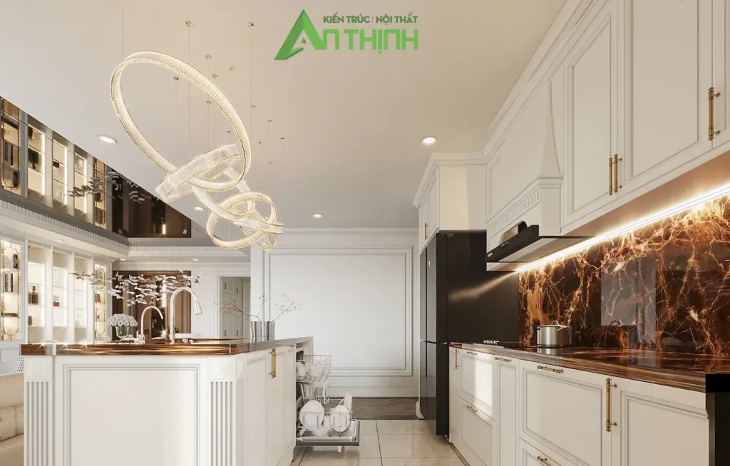 Phối cảnh 3D – tủ bếp chữ L kịch trần, tay nắm đồng, đèn thả vòng tròn