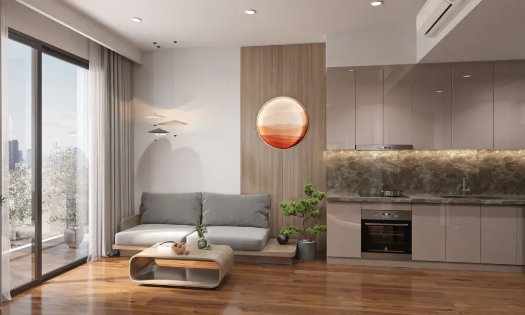 Phối cảnh 3D – bếp chữ L cánh be liền phòng khách, tranh tròn trên vách lam gỗ