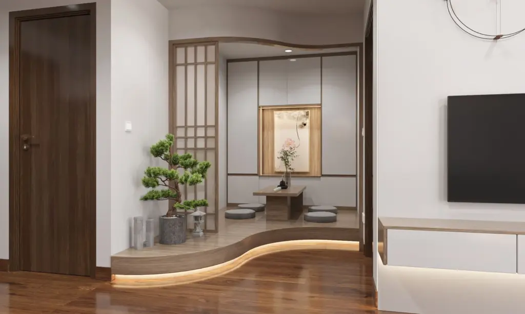 Phối cảnh 3D – bục trà đường cong, vách song gỗ ô kính, hốc tranh có đèn