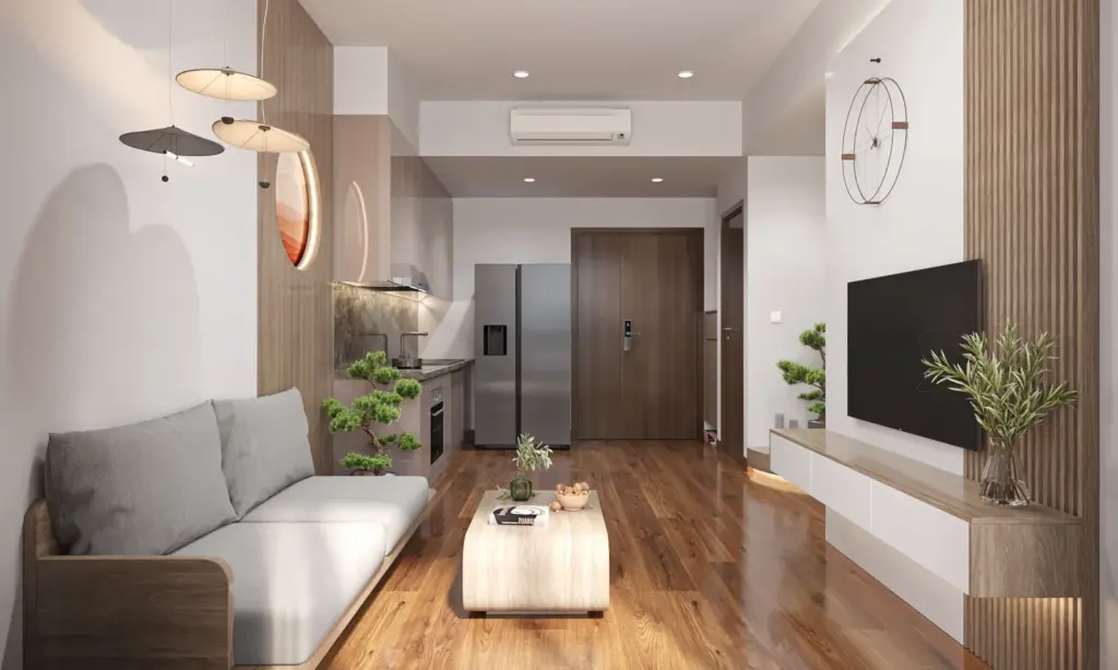 Phối cảnh 3D – phòng khách sofa bệt khung gỗ, vách lam gỗ, nhìn về bếp và cửa vào