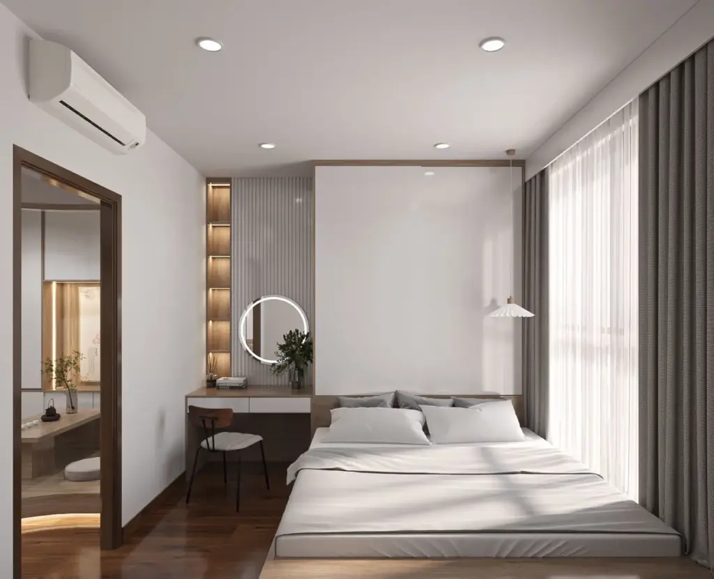Phối cảnh 3D – phòng ngủ giường bệt gỗ, bàn trang điểm treo gương tròn, kệ LED