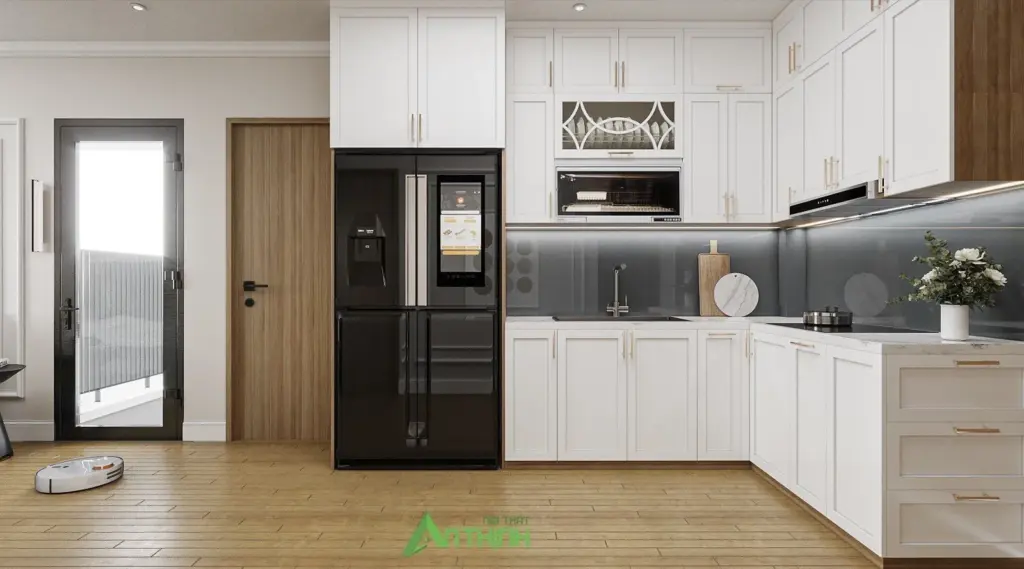 Phối cảnh 3D – bếp chữ L tủ trắng cánh chỉ, hốc tủ lạnh, lò âm tủ
