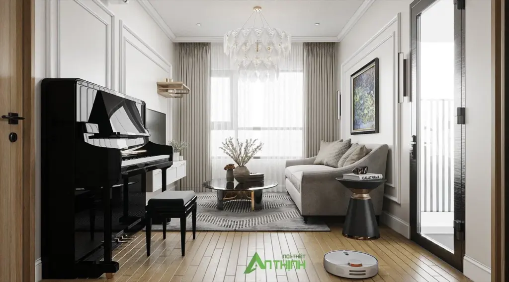 Phối cảnh 3D – phòng khách tường phào trắng, góc đàn piano, sofa xám