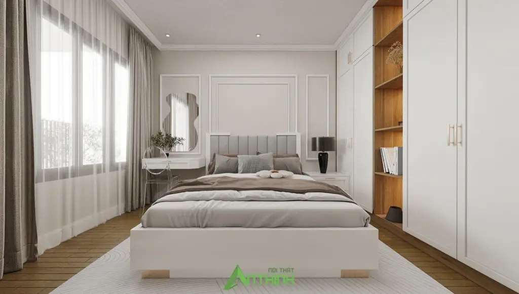 Phối cảnh 3D – phòng ngủ đầu giường bọc nệm, tủ áo trắng có hốc gỗ