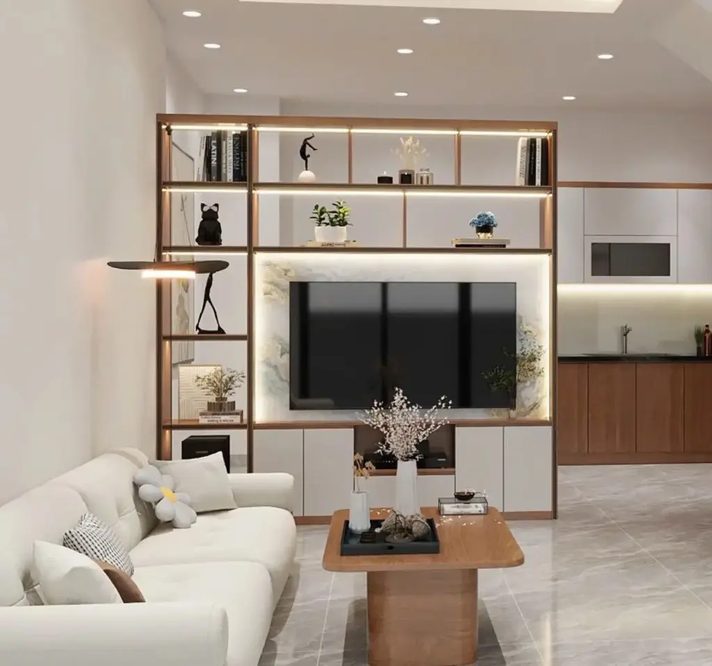 Phối cảnh 3D – phòng khách nhà anh Bình: vách tivi trong khung kệ gỗ ngăn với khu bếp