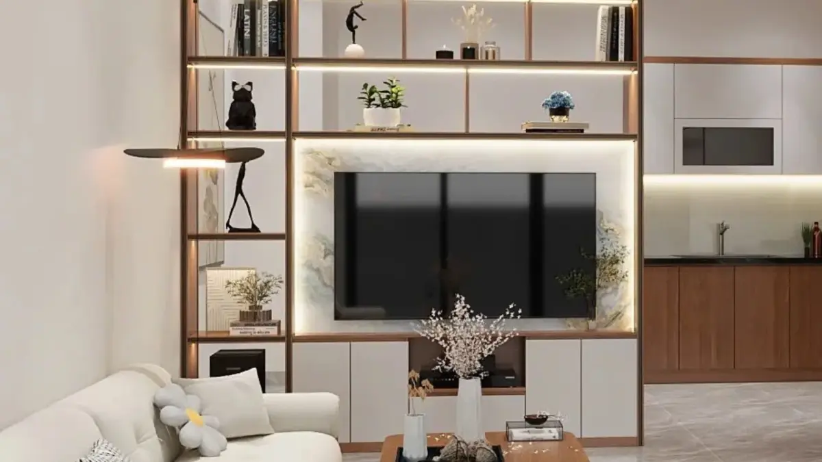Nhà anh Bình – Khê Nữ, Đông Anh: ốp gầm cầu thang có cửa giấu và vách kệ ngăn phòng khách