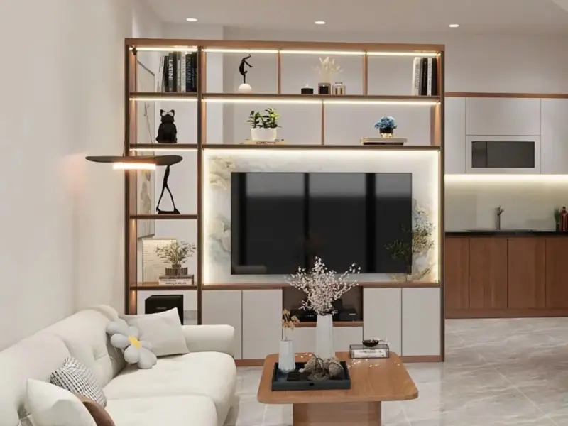 Nhà anh Bình – Khê Nữ, Đông Anh: ốp gầm cầu thang có cửa giấu và vách kệ ngăn phòng khách