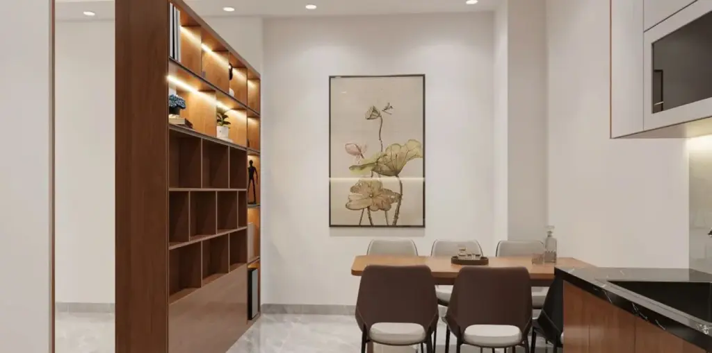 Phối cảnh 3D – vách kệ gỗ nhìn từ khu bàn ăn cạnh bếp