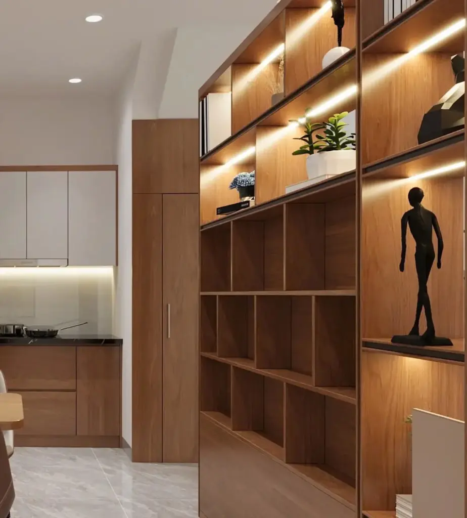 Phối cảnh 3D – vách kệ ô so le nhìn từ phía bếp, có đèn hắt từng tầng