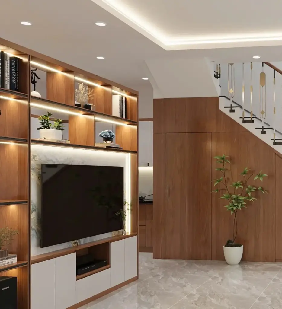 Phối cảnh 3D – vách tivi và mảng ốp gầm cầu thang vân gỗ có cửa giấu