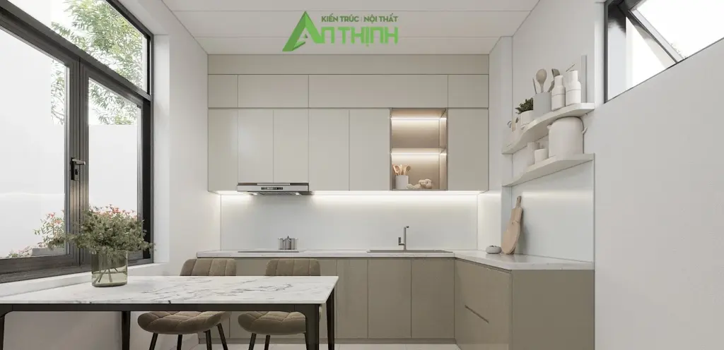 Phối cảnh 3D – bếp chữ L tủ dưới xám, tủ trên trắng kịch trần, bàn ăn mặt đá