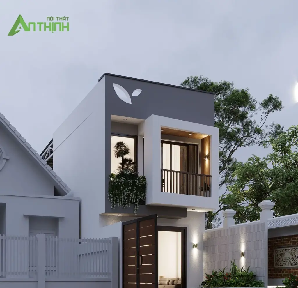 Phối cảnh 3D – mặt tiền nhà phố 2 tầng, ban công cây xanh