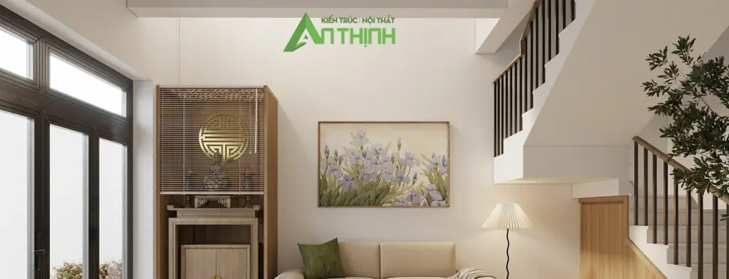 Phối cảnh 3D – phòng khách kết hợp phòng thờ, tủ thờ gỗ sáng, sofa kem
