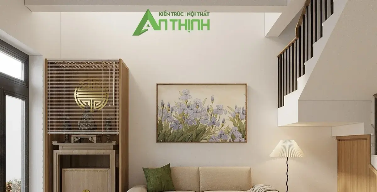 Phối cảnh 3D – phòng khách kết hợp phòng thờ, tủ thờ gỗ sáng, sofa kem