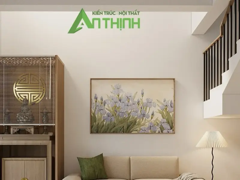 Thiết kế nội thất nhà anh Chiến – Phù Lỗ, Sóc Sơn: phòng khách kết hợp phòng thờ tông gỗ sáng